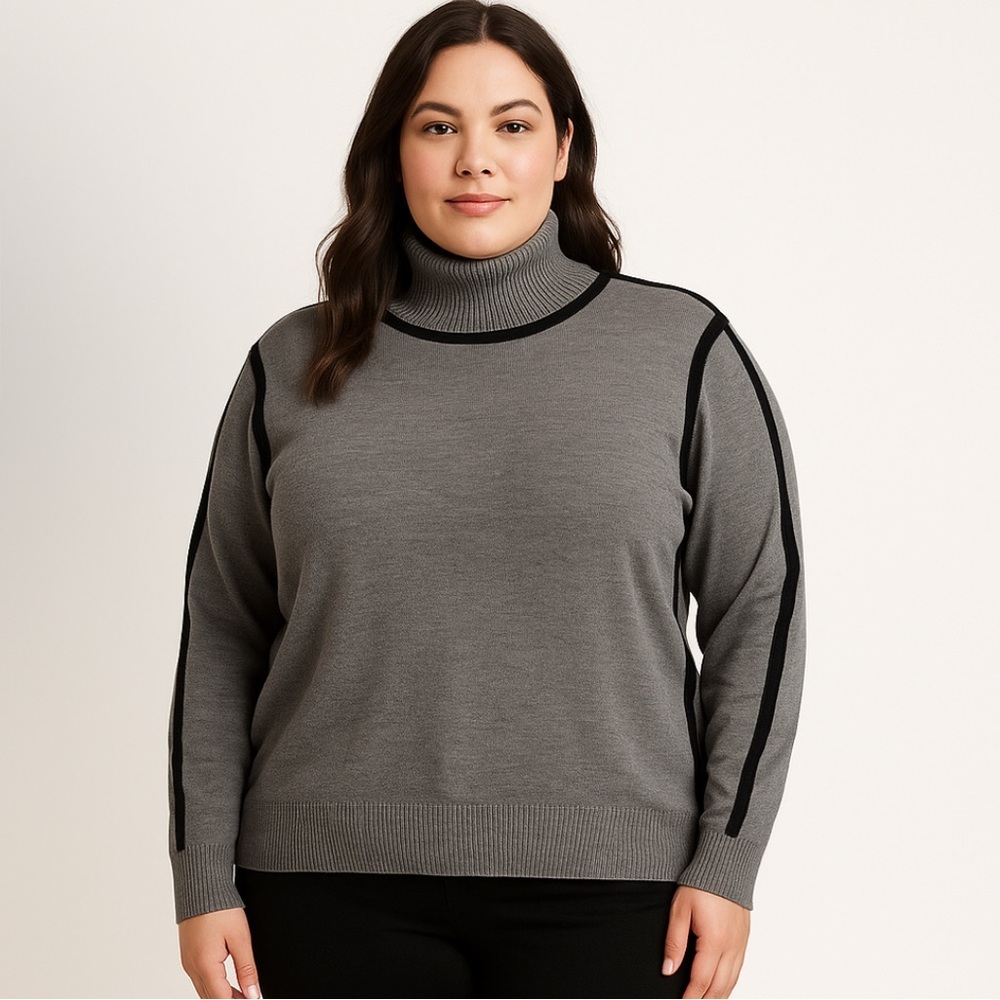 * Cato Women’s Grey Turtleneck Sweater 14/16W Stretch Knit Black Trim Plus Size